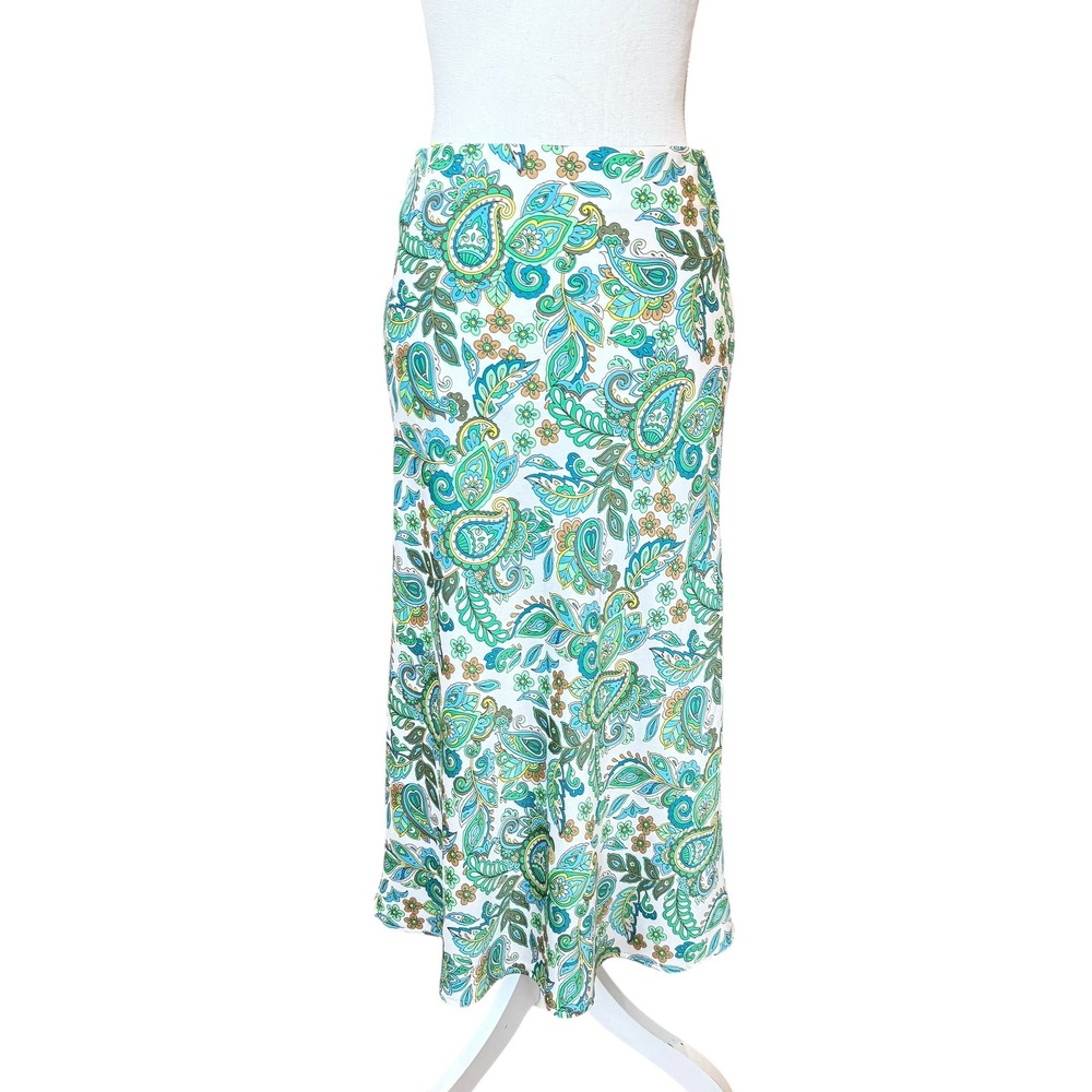 LOFT Womens XS Paisley Midi Skirt Green Blue White Floral A-Line